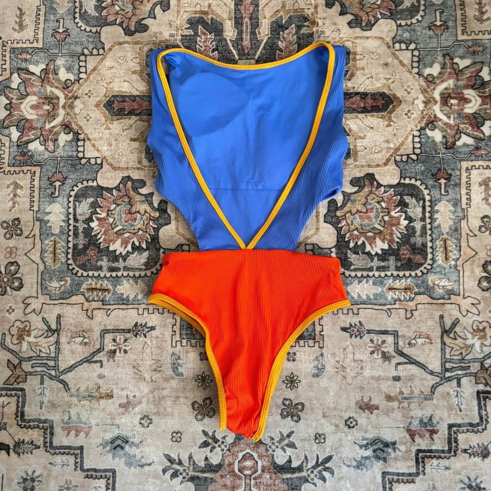 ONE ONE Blue Orange Ribbed Cutout Monokini One Piece Swimsuit XS Colorblock